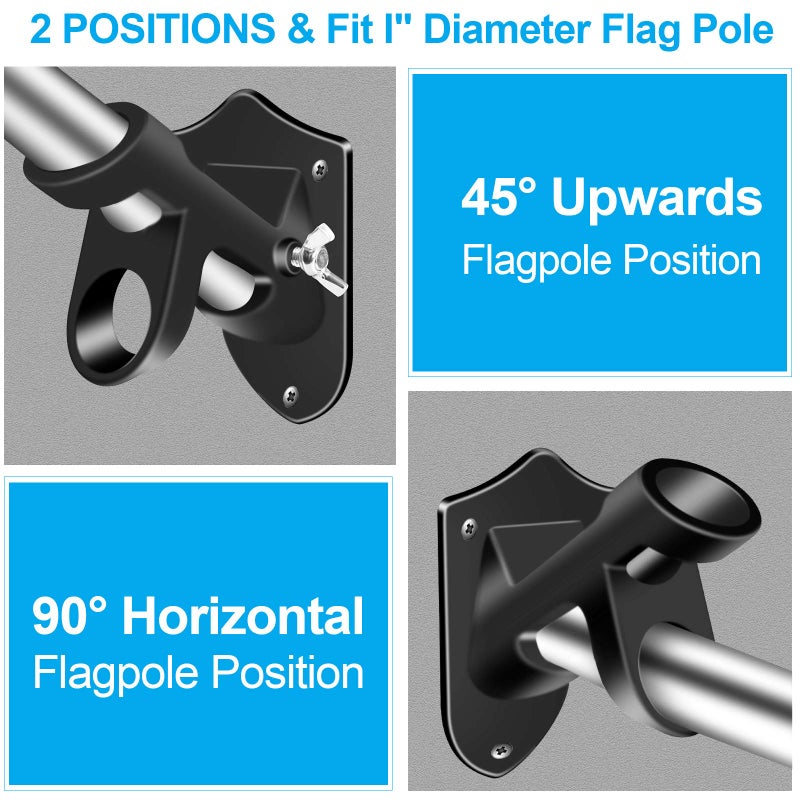 BONWIN Flag Pole Holder Brackets  BONWIN 1"" Flag Pole Mounting Bracket with Hardwares for House Wall Mount  1"" Inner Diameter  Two Positions & Aluminium Alloy  Rust Free Coated (Black - 2 Pack) - Image 4